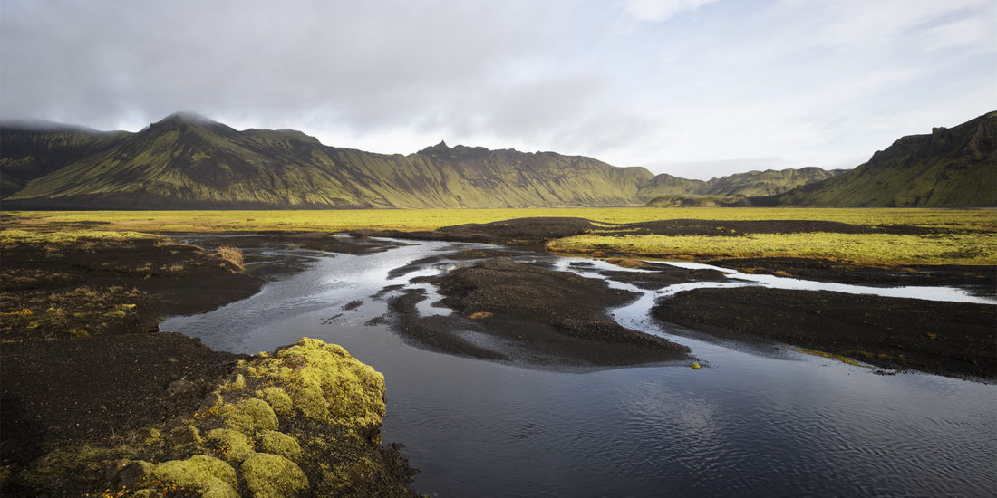 Rivière et montagne au fonds en couleurs brun et jaune dans le Landmannalaugar en Islande